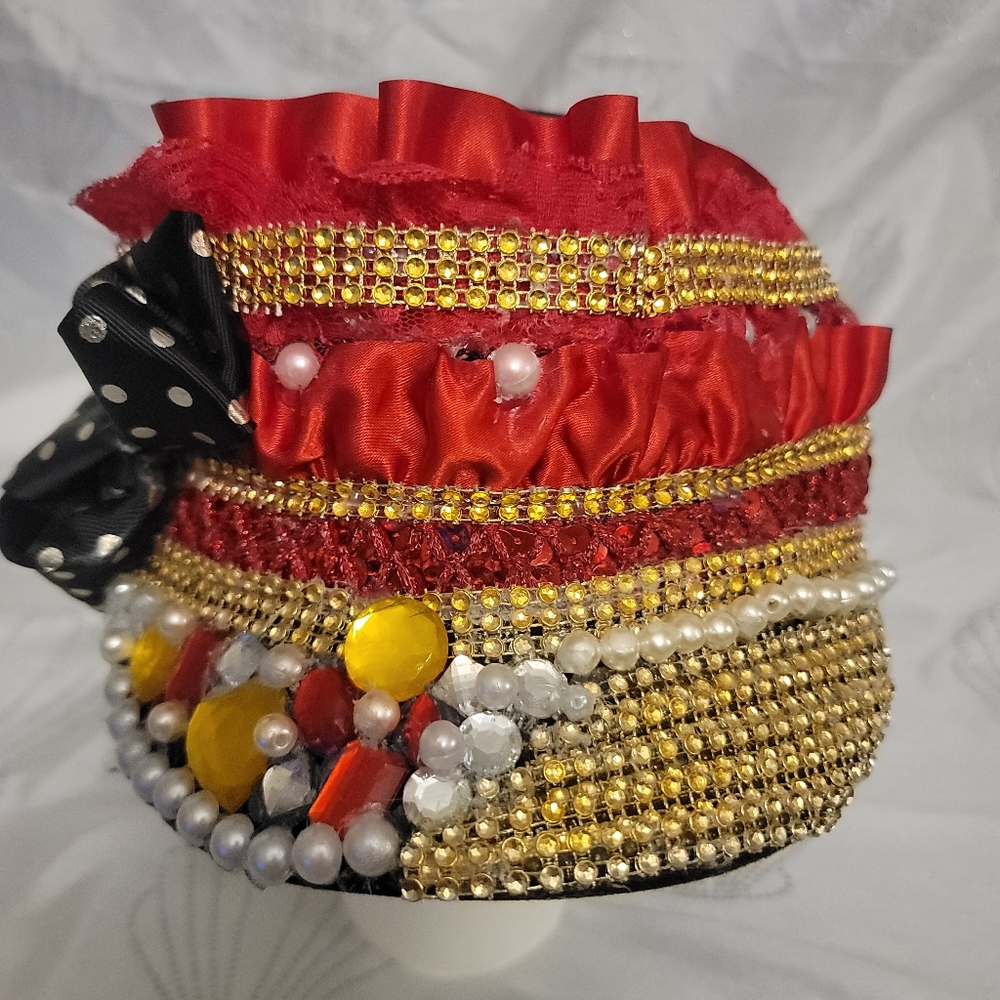 SKY Cap For Girls, One Size, Red, With a Black Bow On One Side And Rainbow Pearl